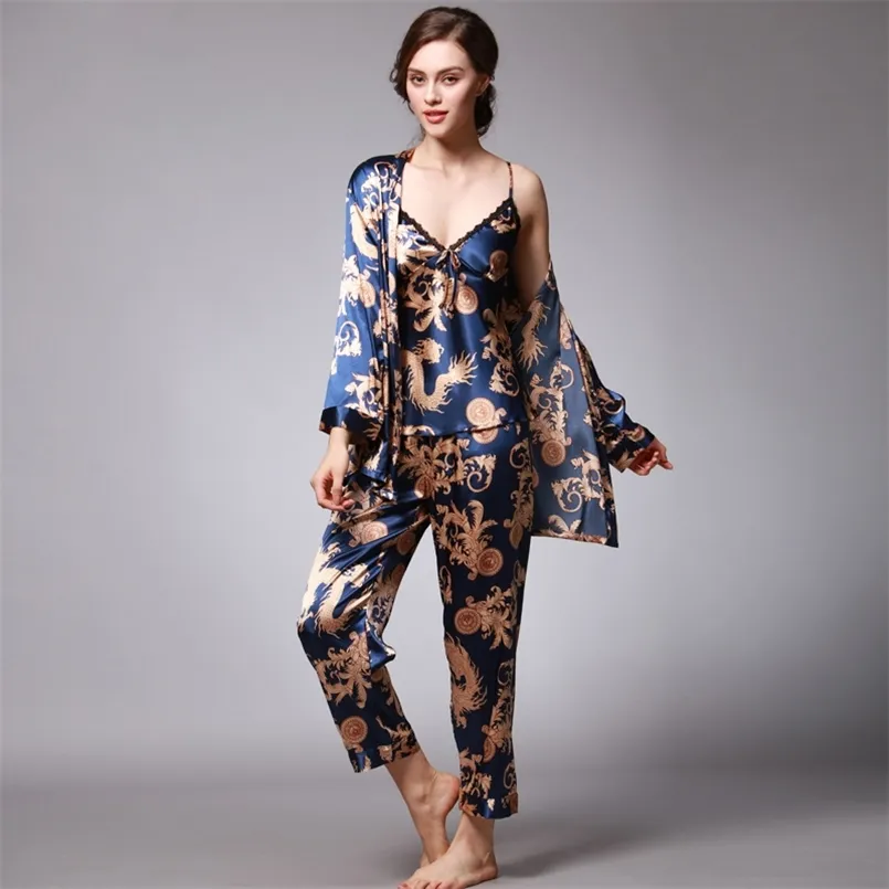 O pijama feminino set sleepwear terno roupa interior 3 peças lououngewear impressão floral pijama para senhoras outono casa roupas para casa 210809