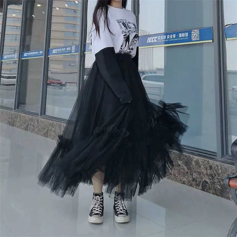 Puffy long black skirt sales