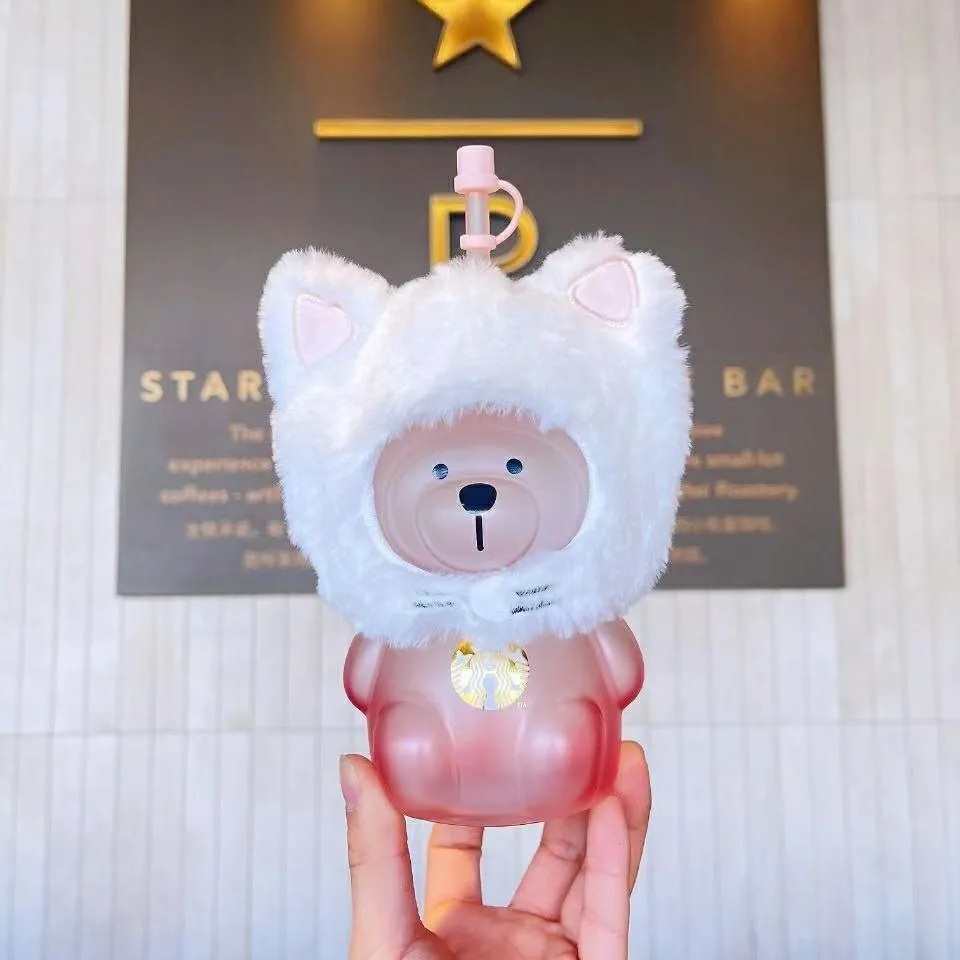 2021 Starbucks 560ml Capacité Sakura Bear Tasse de paille de chat à capuche en verre Coupe d'usine Produit cadeau