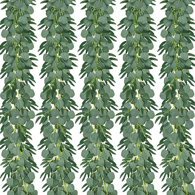 Dekoracyjne kwiaty wieńce 5-pakowe 6,5 stóp sztuczny eukaliptus z wierzbą girlandy fałszywa roślina winorośli liście faux srebrny dolar zieleń