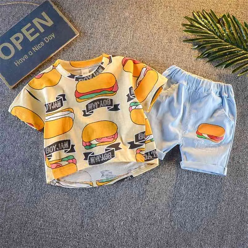 Sommar spädbarn rompers kläder baby pojkar kortärmad print hamburger blå shorts söt romper kostym 210629