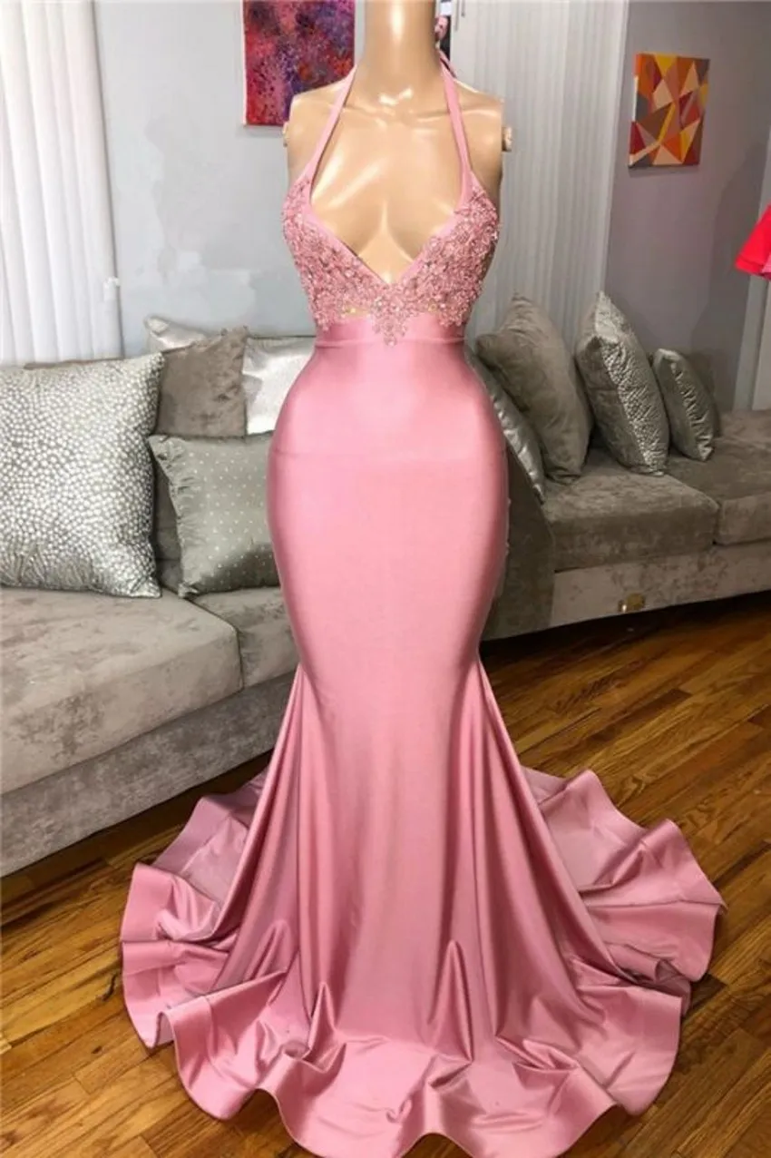 Sexy Pink Mermaid Pink Short Prom Dress with Halter Neck, Backless Design, Appliques, Sequined Top, Ruffles, and Long Train - Perfect for Women's