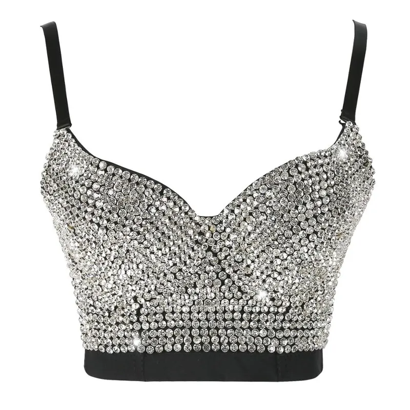 Kvinnor Korsett Rhinestone Top Sexig Bustier Silver Diamond Glitter Crop Top Rave Festival Clothing Night Club Party Kvinna Toppar 210308