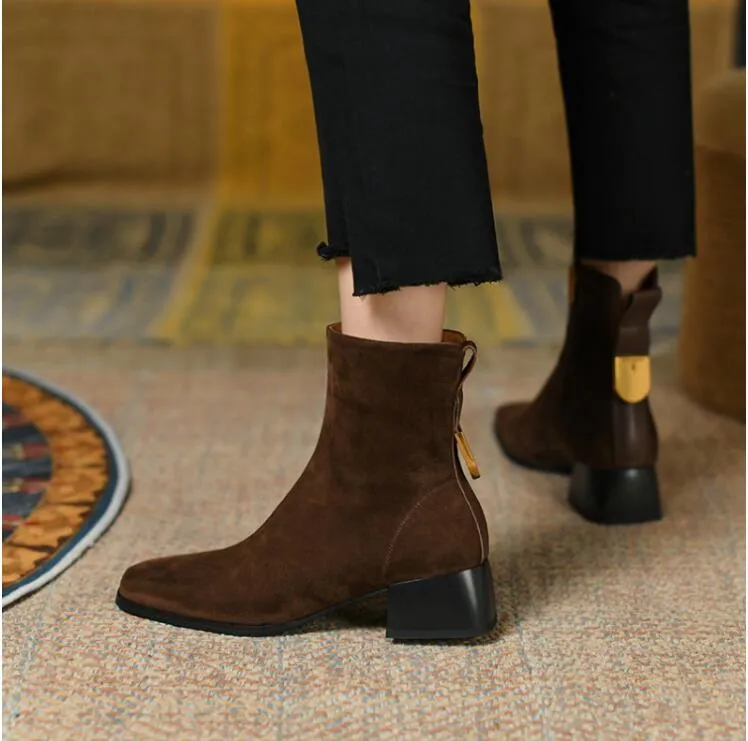 Botas Chelsea de piel de oveja de estilo coreano para mujer, zapatos occidentales cálidos de cuero de gamuza de vaca, botas Martin