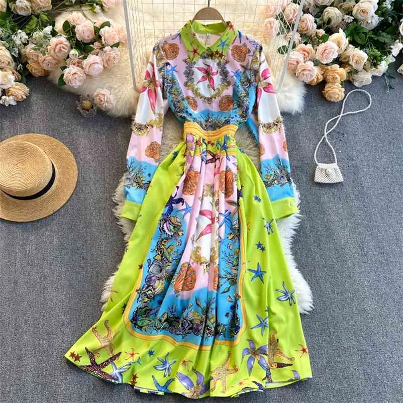 Pist Tasarımcısı Yaz Gömlek Elbise Kadınlar için Yaka Uzun Kollu Denizyıldızı Mercan Baskı Renk Kontrast Ince Plaj A-Line 210525