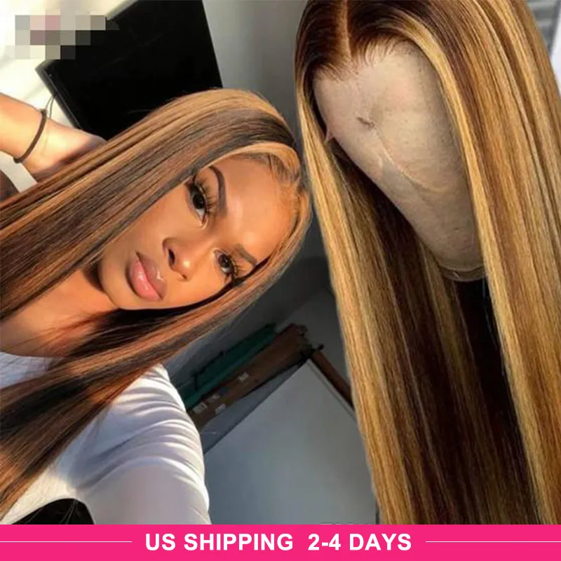 Ishow Highlight P4/27 Wig Straight 13x4 Body Wave Omber Color T Part Pre-Plucked Human Hair Lace Front Wigs