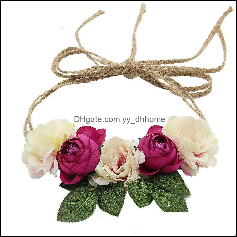 Rosa Flower Wreath Wedding Bridal Artificial Flower Head Tiara Crown Long Straps Floral Headband Woman Hair Accessories