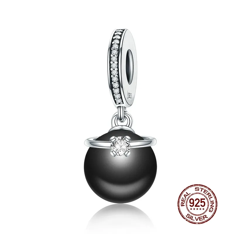 MOWIMO 100% 925 Sterling Silber Schwarz Perle Charme CZ Perlen Fit Original Silber Armband Halskette Für Frauen DIY Schmuck BKC572 Q0531