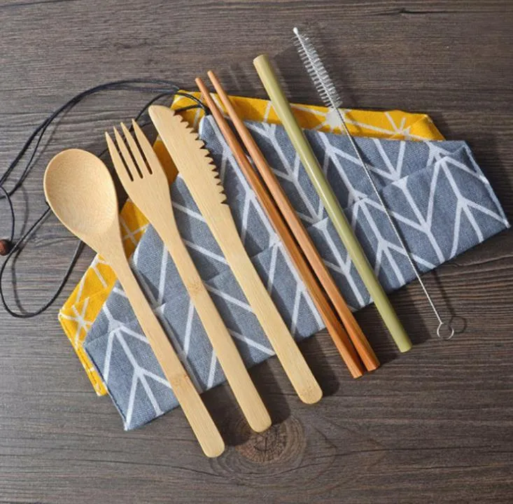 Dinnerware Sets Portable Flatware Natural Bamboo Straw Spoon Fork Knife Chopsticks Cleaning Brush Kitchen Utensil Cutlery Set SN2780