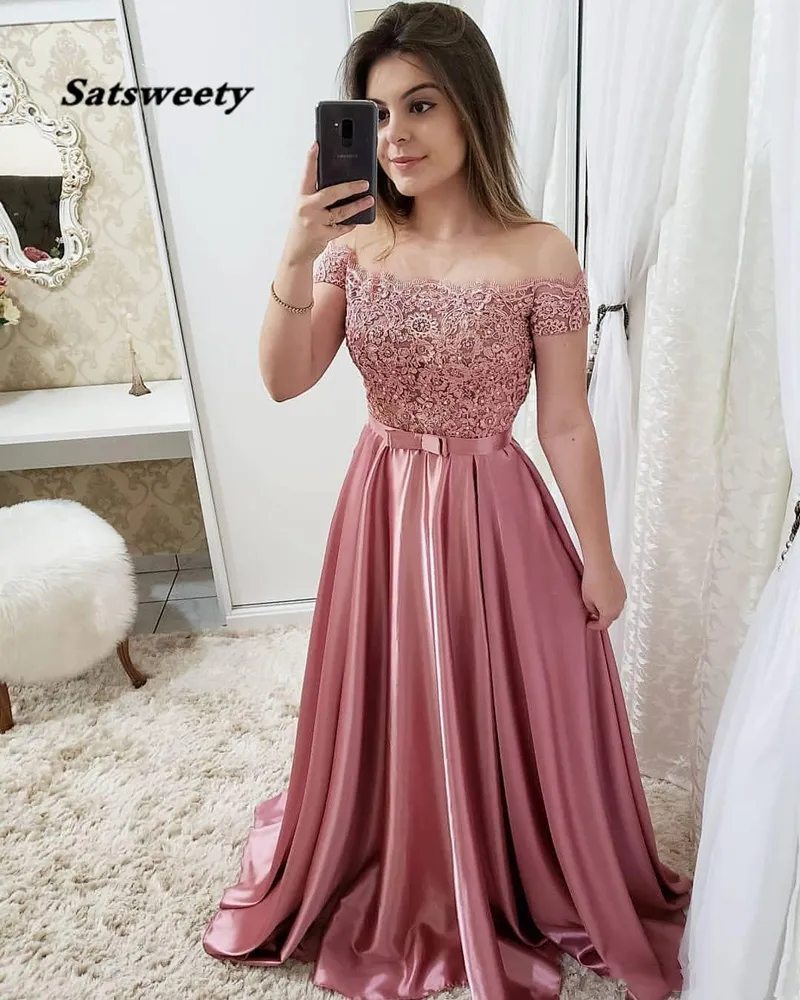 Élégant Rose Chaud Satin Une Ligne Robes De Bal Longue Hors Épaule Femmes Parti Robe Formelle Soirée Dentelle Appliques Perles Robes De Bal