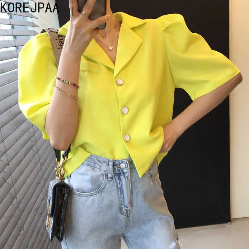 Korejpaa Women Shirt Summer Korean Chic Girls Sweet Retro Gentle Lapel Three Buttons Loose Short Puff Sleeves Blouses 210526
