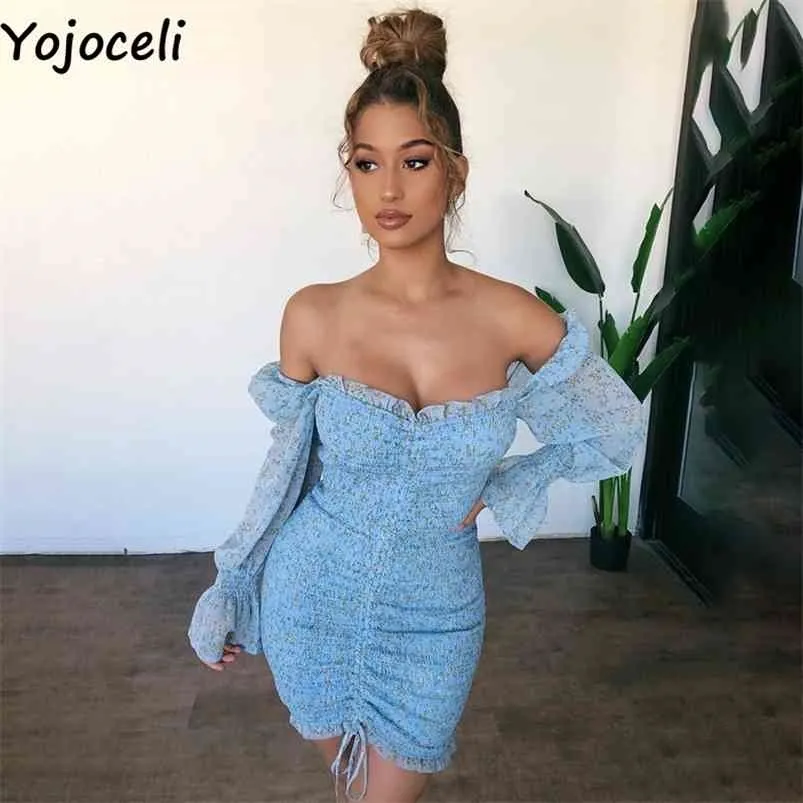 Yojoceli مثير الأزهار طباعة shirred dres ساحة الرقبة طويلة الأكمام ضئيلة مصغرة الشيفون 210623