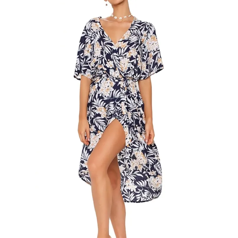 Robe florale pour femmes vente d'été mode col en v à manches courtes imprimé robes en mousseline de soie Feminina LR1057 210531