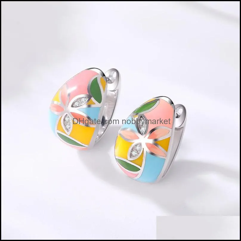 OGULEE Earrings For Women New 925 Sterling Silver Colorful Enamel with Cubic Zirconia Flower Earrings Luxury Jewelry Enamel 210323