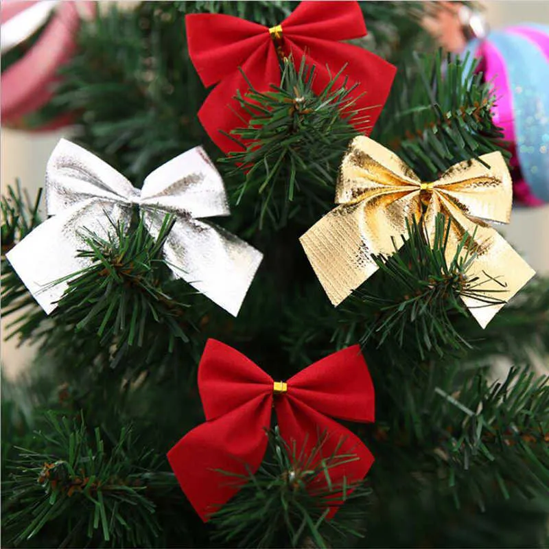 12pcs Butterfly bow Hanging deco for Christmas decoration home Gold Silver Red bowknot Xmas tree ornaments new year 2021 navidad Y0730