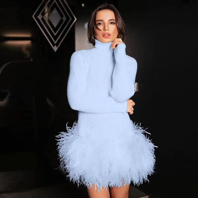 navy blue dress for baby girl Womens Long Lantern Sleeve Sweater Dress Turtleneck Ribbed Knit Bodycon  Mini A-Line Pullover Dresses