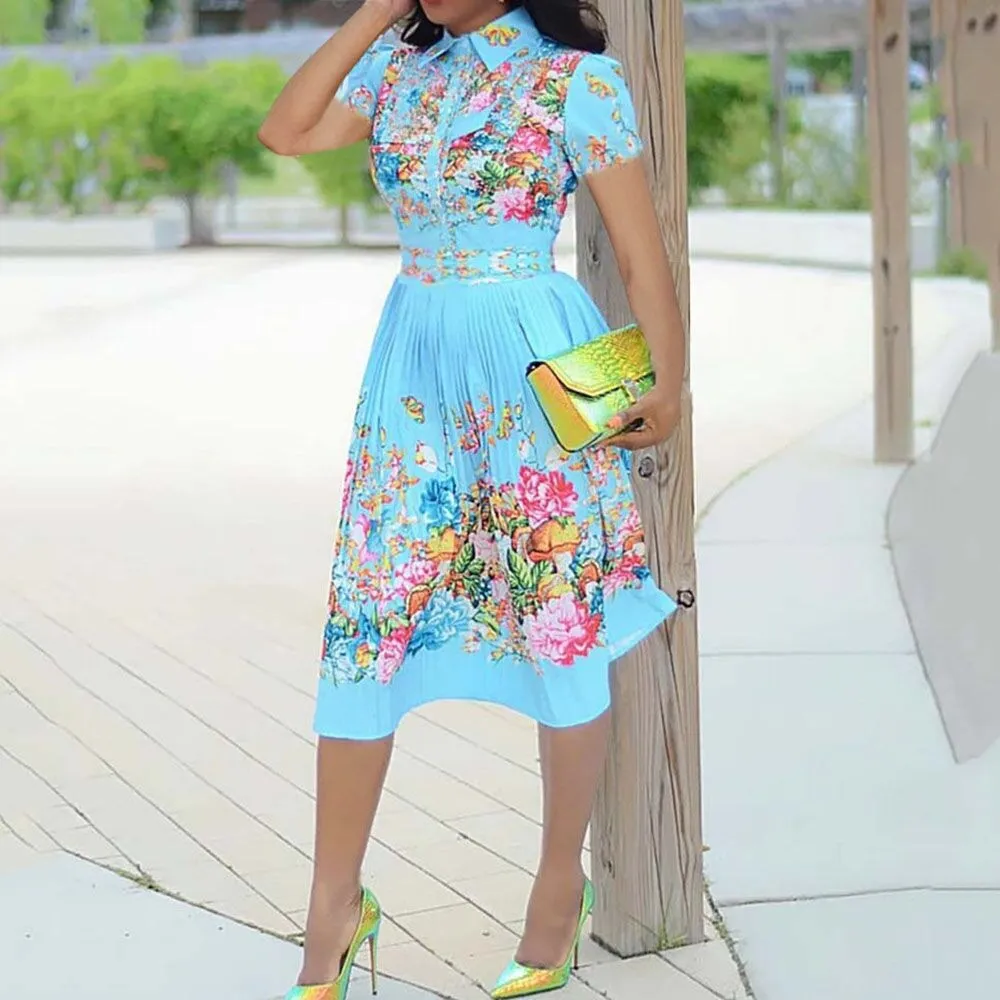 Summer Office Dresses For Ladies Pleated Blue Printed High Waist Mid Calf Elegant Business Work Fashion ol Dress Midi