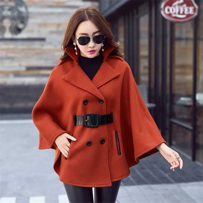 Queda inverno de alta qualidade de lã xaile capa pilha casaco com cinto mulheres coreana luva longa plus size senhoras casacos de capa de lã 210930