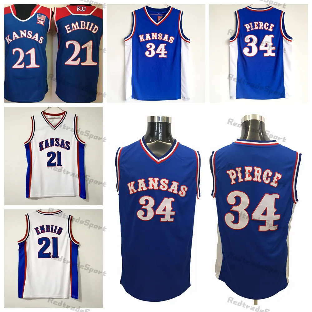 Mens vintage Kansas Jayhawks College Basketball Jerseys Azul Casa Branca 34 Paul Pierce 21 Joel Embiid Stitched Camisas S-XXL