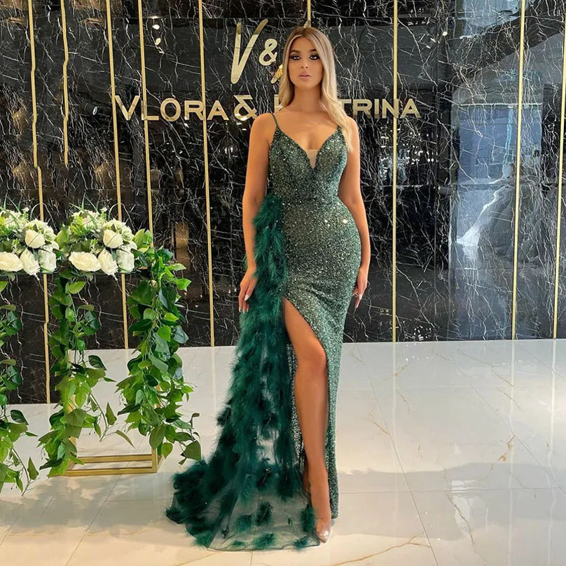 Green Spaghetti Sequined Mermaid Evening Dresses with Feathers Detachable Train High Split Formal Prom Dress