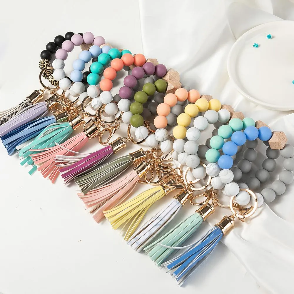 DHL Silicone Beaded Bangle Keychain with Tassel for Women Party Favor, Wristlet Key Ring Bracelet DH8660