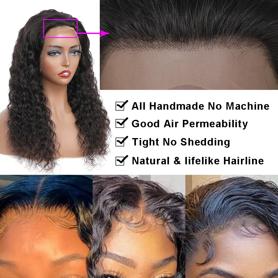 Human Hair Lace Closure Front Wig Remy Straight Body Deep Water Wave Kinky Curly Glueless Pre Plucked With Frontal Headband Wigs For Black Women Wet And Wavy 10a Grade