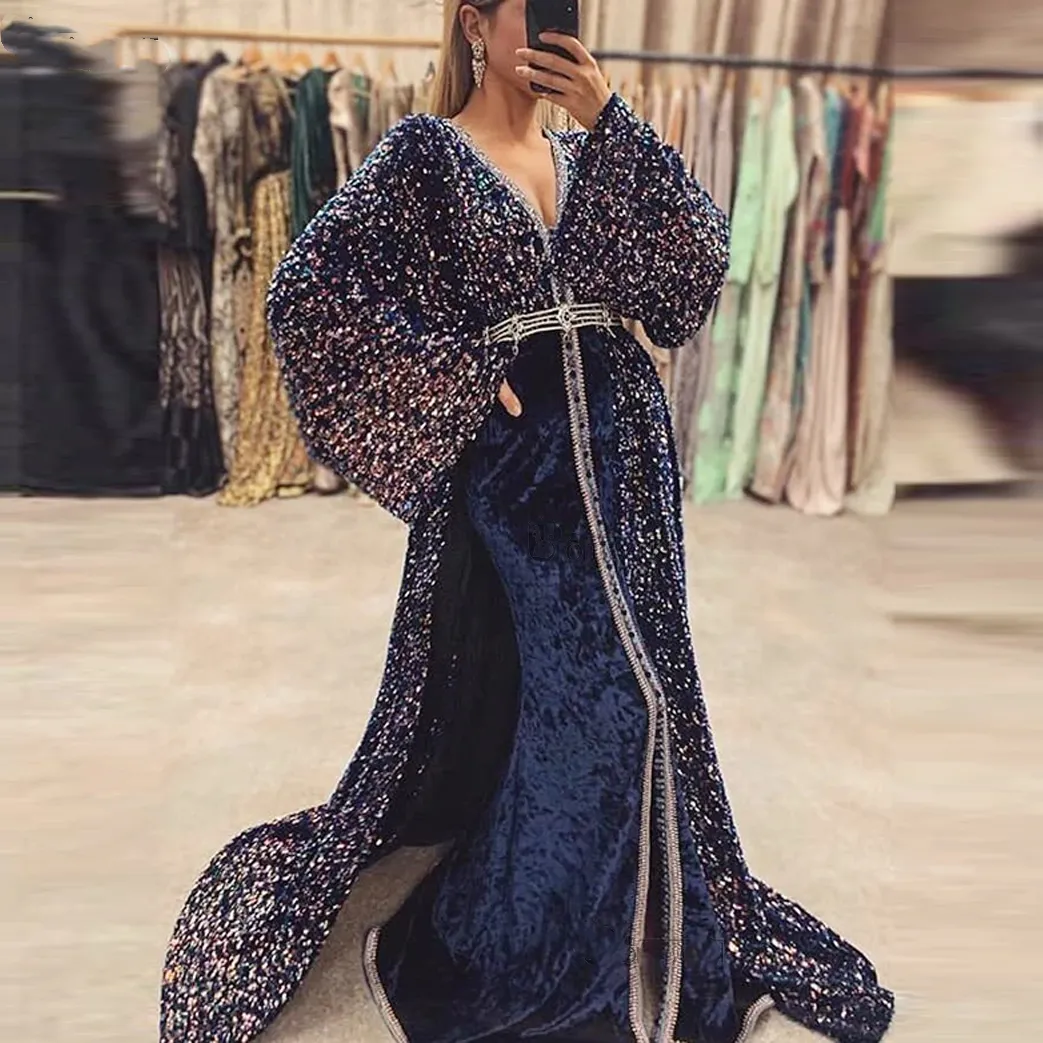 Glitter Marokański Cewan Cekinowy Suknia Wieczorowa Długie Rękawy Aksamitne Zroszony V-Neck Navy Blue Dubai Arabskie Muzułmańskie Mermaid Formalne Party Suknie Prom Dresses