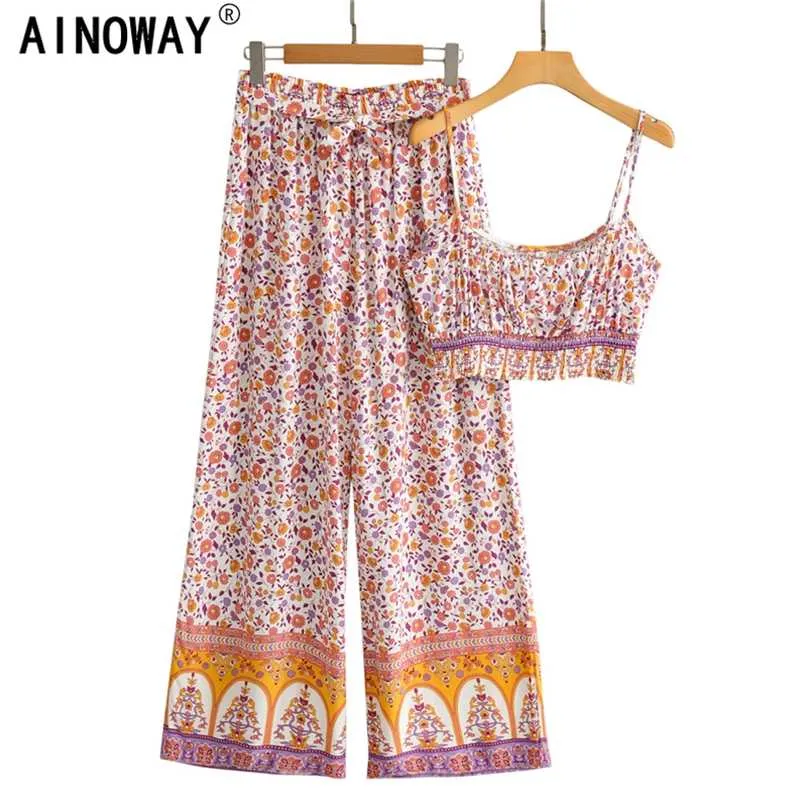 Pink Floral print Women two piece outfits strap Sleeveless tops Bohemian wide leg pants 2 pieces rayon cotton Boho sets 211105