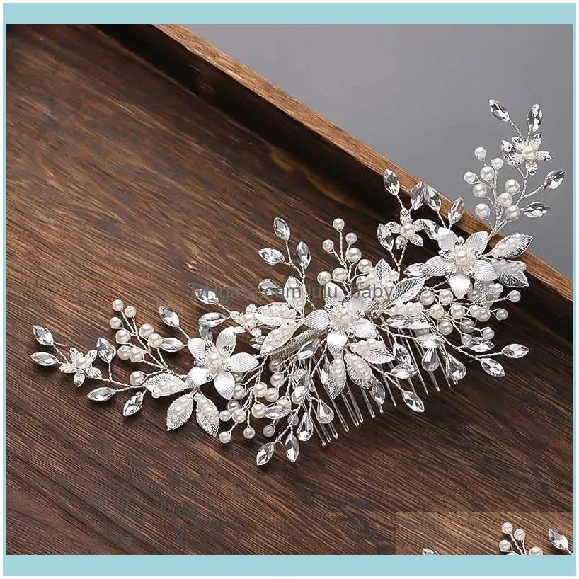 Silver Color Flower Pearl Rhinestone Comb Wedding Accessories For Women Bride Tiara Headband Hair Jewelry