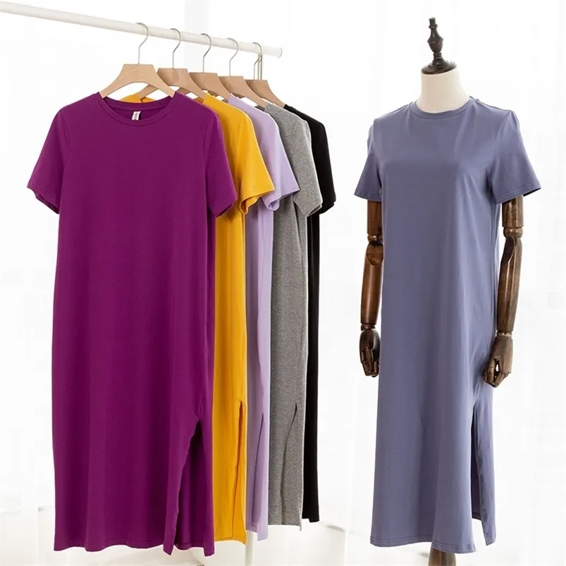 カジュアルな女性の分割ロングドレスOネック半袖ソリッドブルー夏の綿Tシャツ販売M305 210623