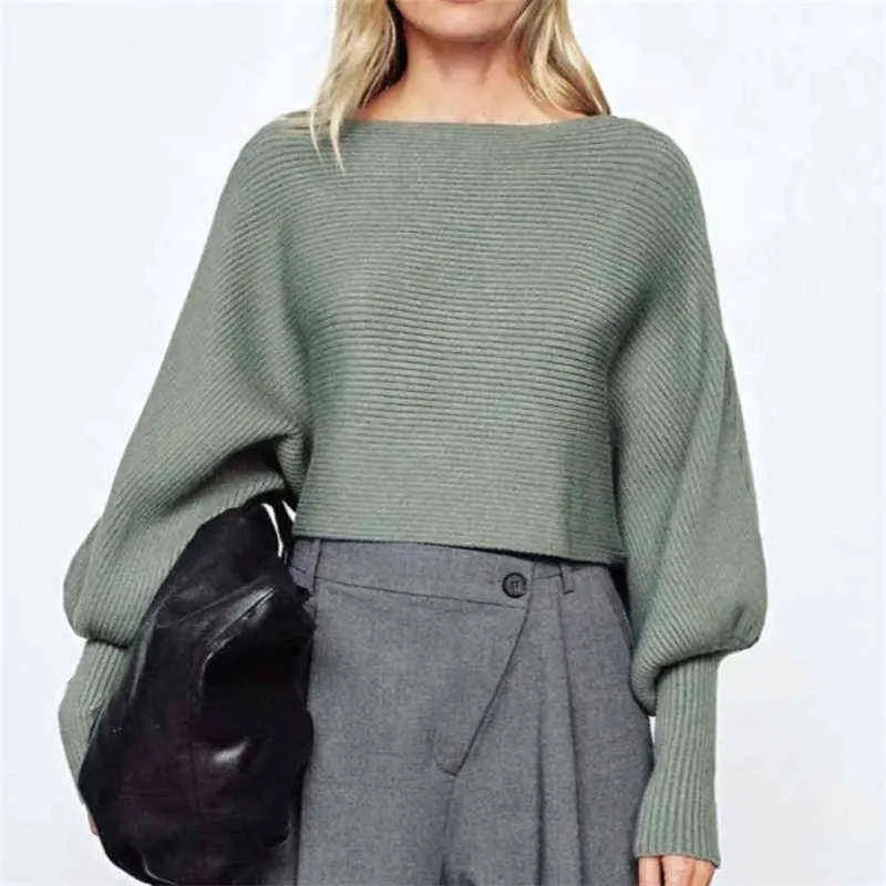 Sweter kobieta Sexy Luźne Slash Neck Batwing Rękaw Sweter Armia Zielona Jumper 2021 Wiosenne ubrania Y1110