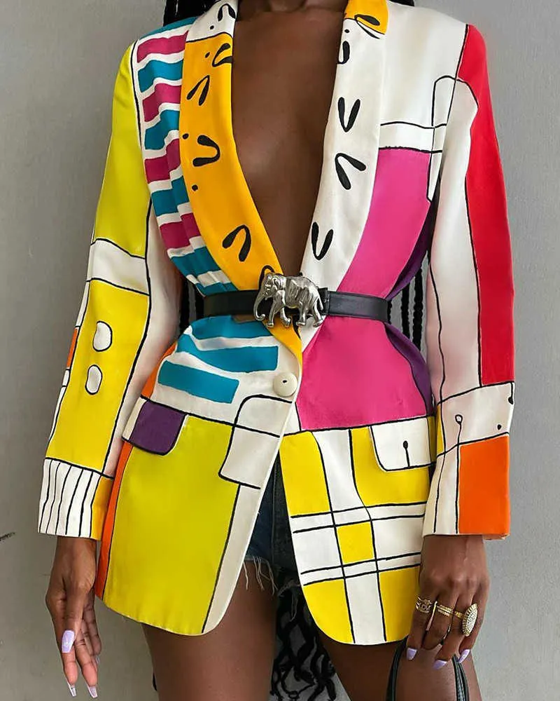 Femmes Blazer Châle Revers À Manches Longues Abstrait Graffiti Couleur Mode Sexy Slim Lâche Tops (Pas De Ceinture) 210930