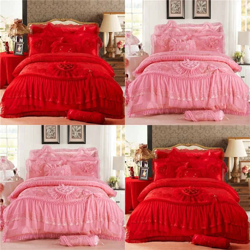 4-teiliges rosa herzförmiges Luxus-Bettwäsche-Set, König, Königin, Hochzeit, Bettwäsche, Bettwäsche, Baumwolle, Prinzessin, Spitze, Bettbezug-Set 357 R2
