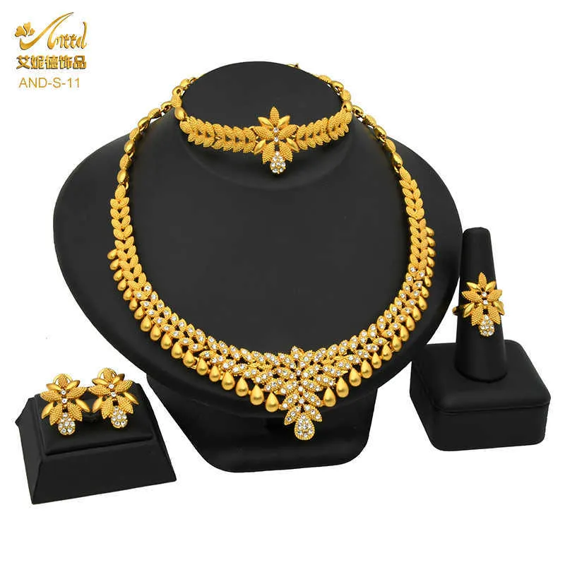 Ensemble de bijoux de Dubaï ensembles de collier de mariée boucles d'oreilles pour femmes anneaux indiens Bracelet africain accessoires mariage demoiselle d'honneur cadeau nouveau H1022