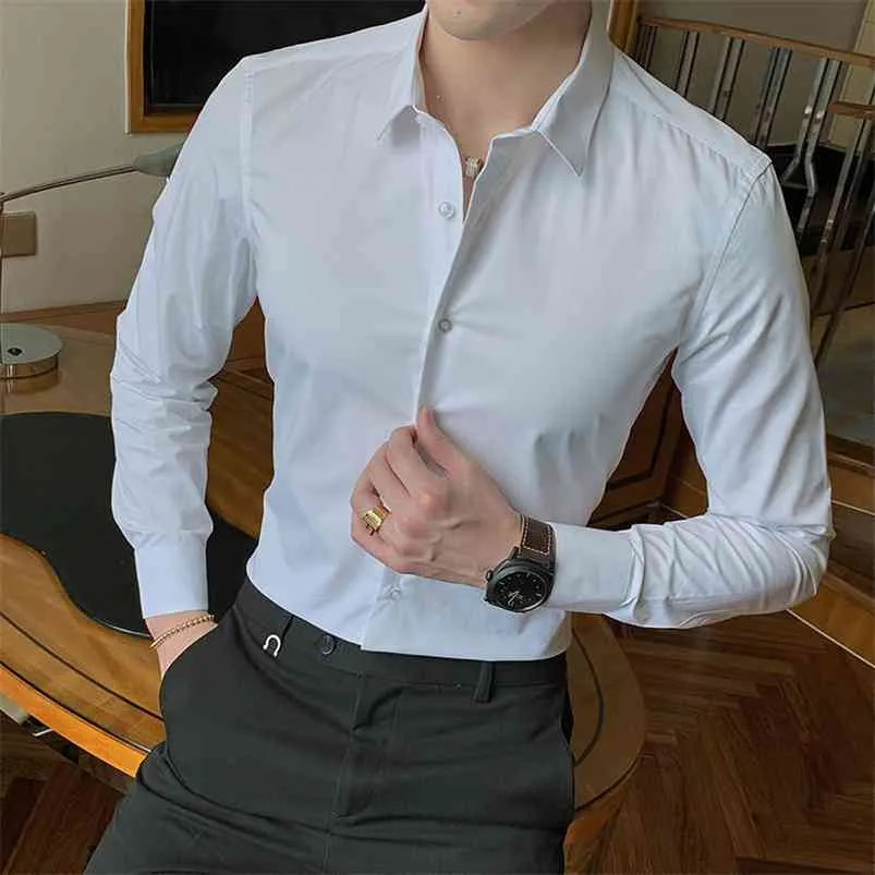 Мода хлопчатобумажная рубашка с длинным рукавом мужчины сплошной тонкий подходящий мужской социальный случайный бизнес белое черное платье рубашка мужчины 6xL 7xL 8xL 210714