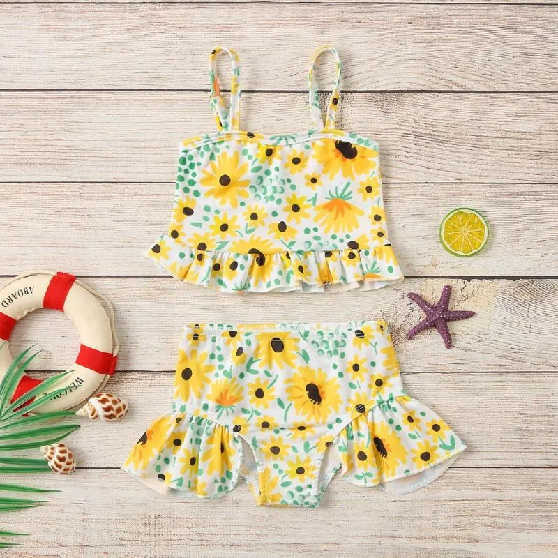 One Piece Kids Girl Swimodear Summer Baby Ruffle Słoneflower Print Straps Tops Swimsuit Shorts Dwupoziomowy zestaw pływackich