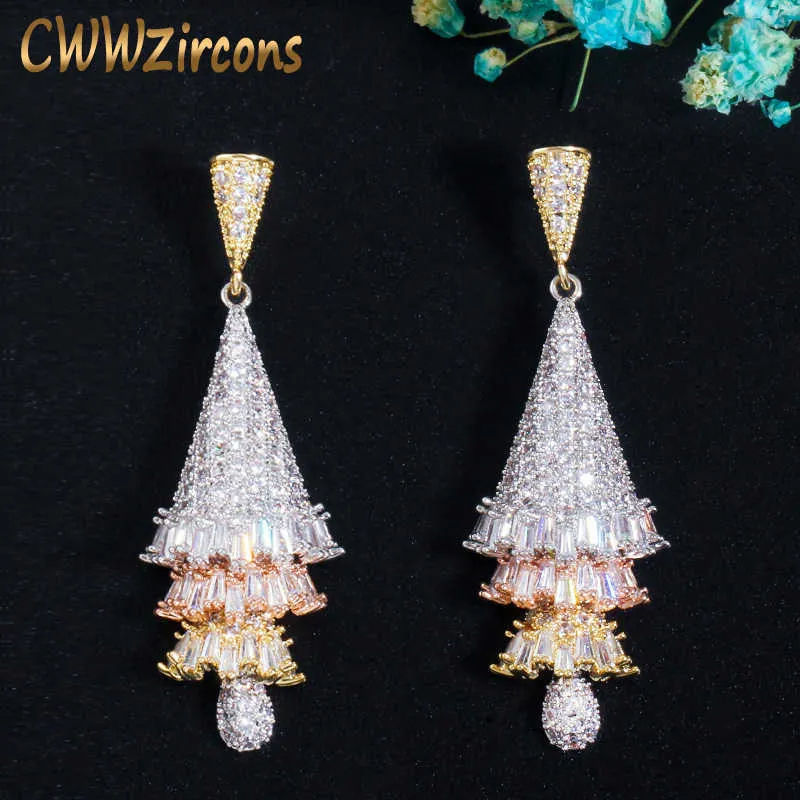 3 tons or argent couleur cubique zircone pavé géométrie boucles d'oreilles femme accessoires de fête de mariage bijoux CZ734 210714