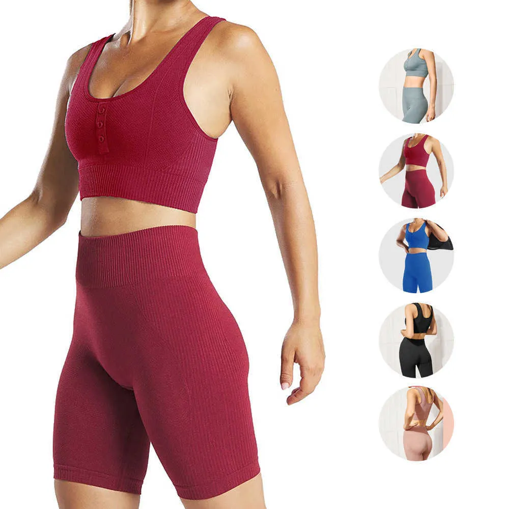 Taille haute Leggings Set SeamlYoga Suit Workout Femmes Yoga Bra Gym Crop Top Exercice Vêtements Push Up FitnAthletic Shorts X0629