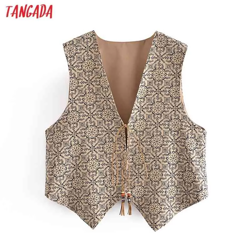 Tangada vrouwen mode bloemen print kwast vest trui v-hals mouwloze vrouwelijke vest chic tops DAN18 210910