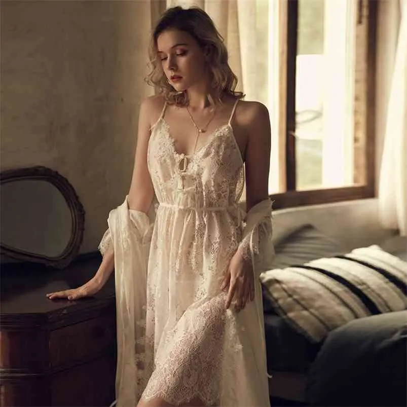 Sexy Mousse Women Sleepwear Lace See Through Nightgowns Set Women Lingerie Evening Wear Deep V Bathrobe Young Girl Sling 210901