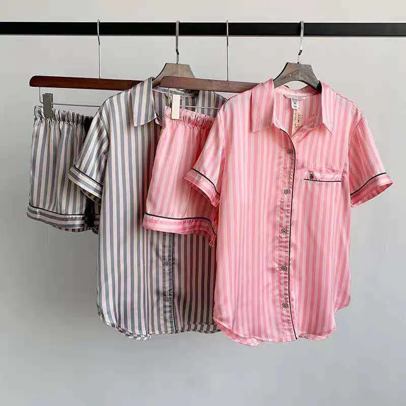 Pyjama Fille 2 Pièces En Satin Rayé - Short Et Haut Boutonné, Vêtement De Nuit D'été Léger Et Tendance - 6