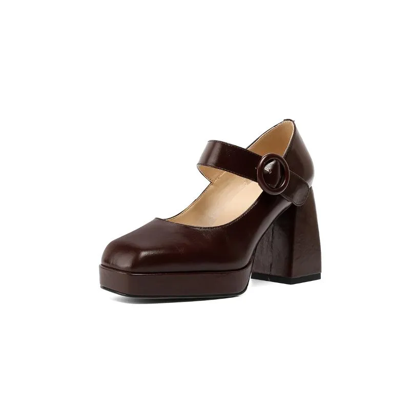 Klänningskor Osunlina Elegant Mary Janes Pumpar Kvinna Plattform Kvadratklackar Rund Toe Buckle Strap Vit Svart Brown Handgjord 2021