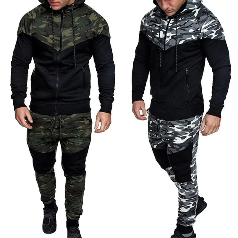 Set di stampa mimetica causale da uomo Camo Jacket + Pants 2Pc Tuta Sportwear Felpe con cappuccio Felpa Pantalone Plus Size 211222