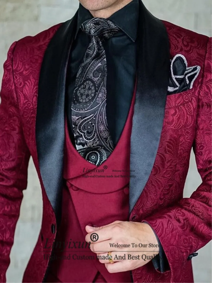 2020オーダーメイドのブルゴーニュの結婚式の男性スーツのスリムフィットタキシード3ピース新郎Prom Jacquard Blazer Terno Masculino