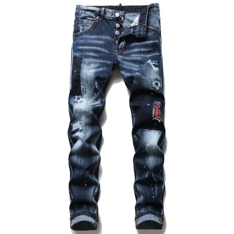 Mode mannen gescheurde slim fit jeans skinny rechte been gewassen heren rafelige motocycle denim broek hiphop stretch fietser heren broek 1098