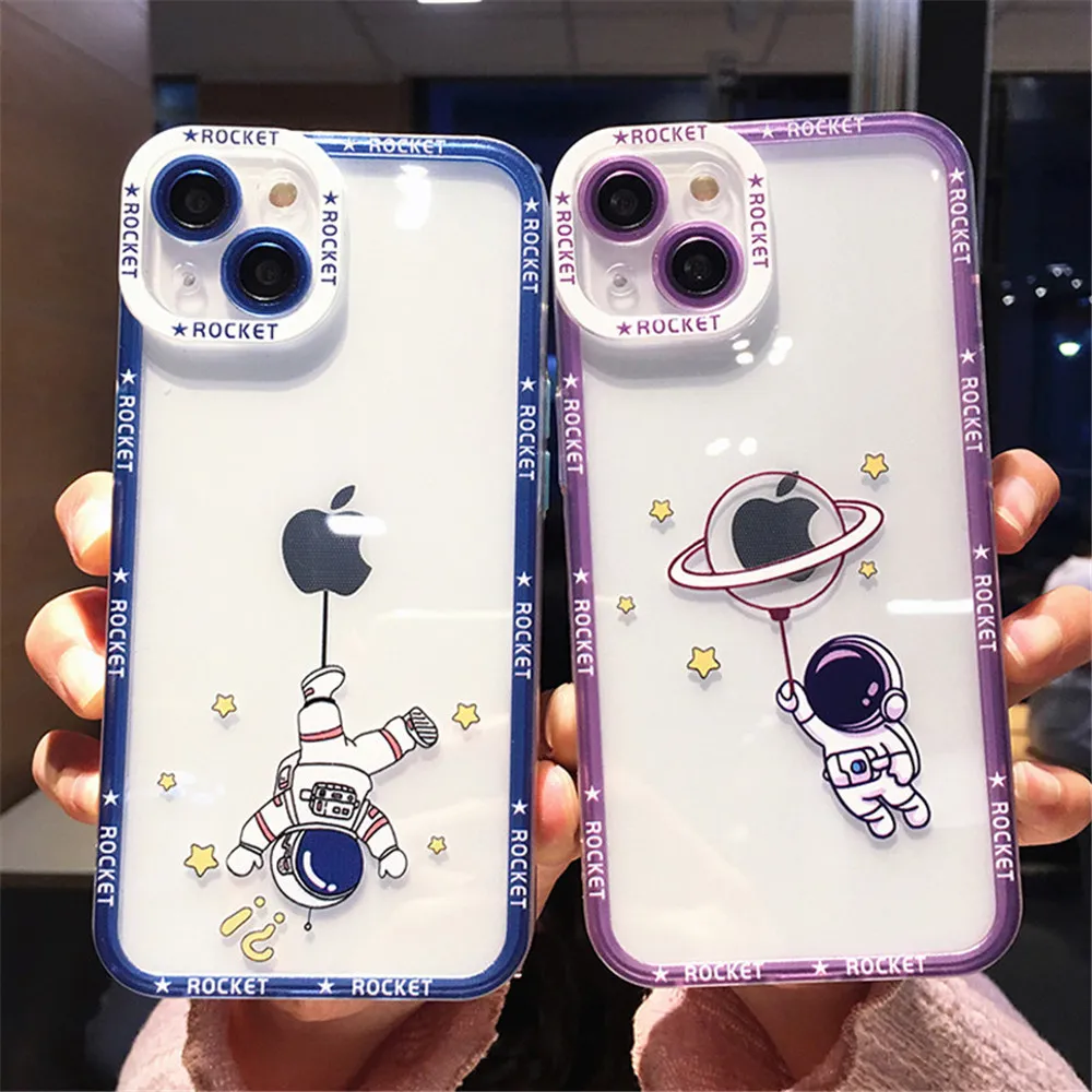 Fundas de teléfono de dibujos animados de astronautas para iPhone 13 12 11 Pro X XR XS Max 7 8 Plus funda suave de protección de lente transparente a prueba de golpes