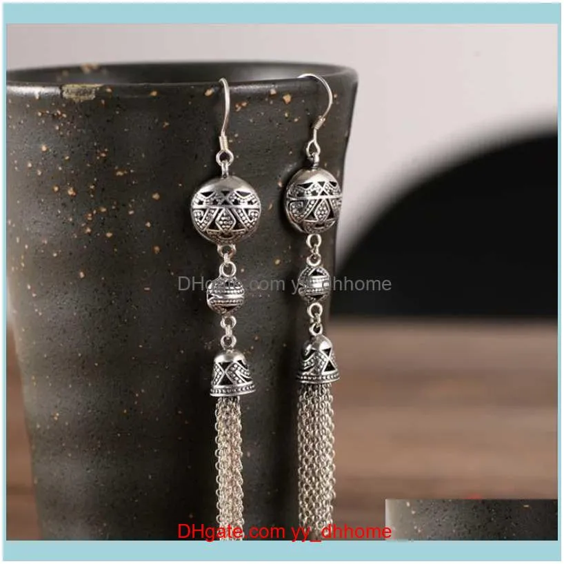 Real 925 Sterling Silver Classic National Style With Retro Tassel And Hollow Pattern Earrings Fine Charm Jewelry For Women Hoop &