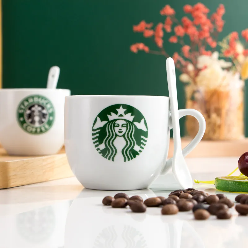 Starbucks White Tall Ceramic Coffee Mug Classic Green Mermaid Logo Cup 16oz