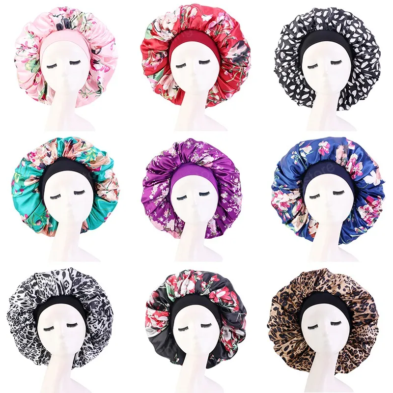 Double Layer Satin Bonnet Satin Lined Sleeping Cap Floral Printing Stor Storlek Sova Cap Shower Caps Head Cover Hair Protector