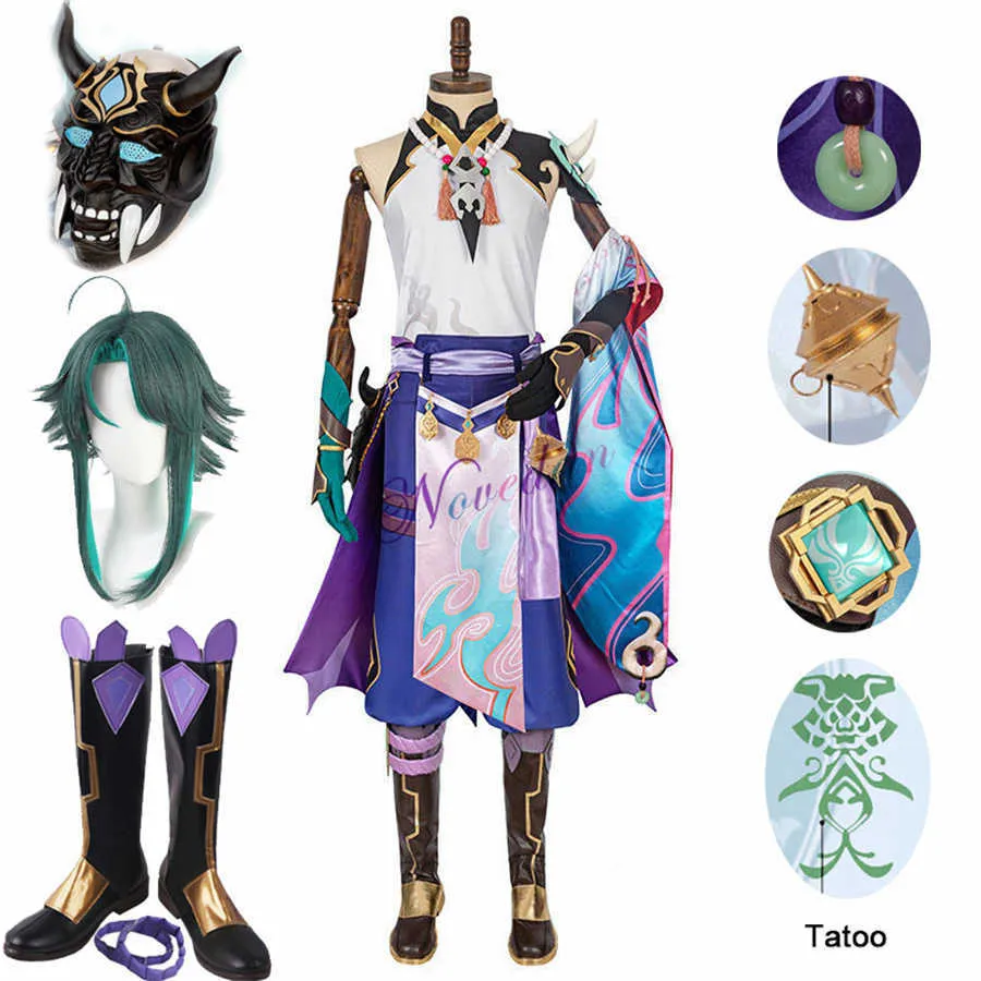 Genshin Impact Xiao Cosplay Kostym Kimono Uniform Skor Paryk Mask Cosplay Anime Game Halloween Kostymer För Män Kvinnor Y0903